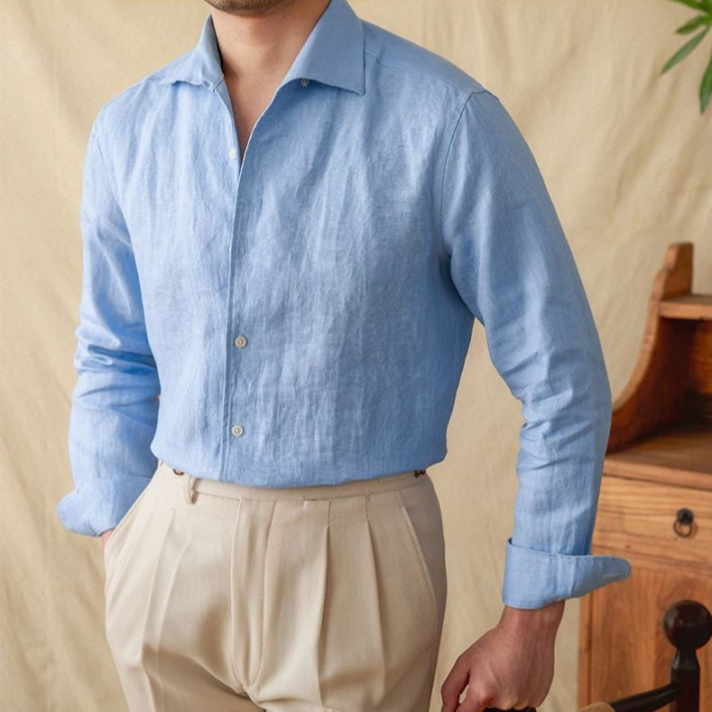 camisa social masculina de linho, camisa de linho slim fit, camisa social elegante masculina, camisa de linho azul masculina, camisa social slim masculina