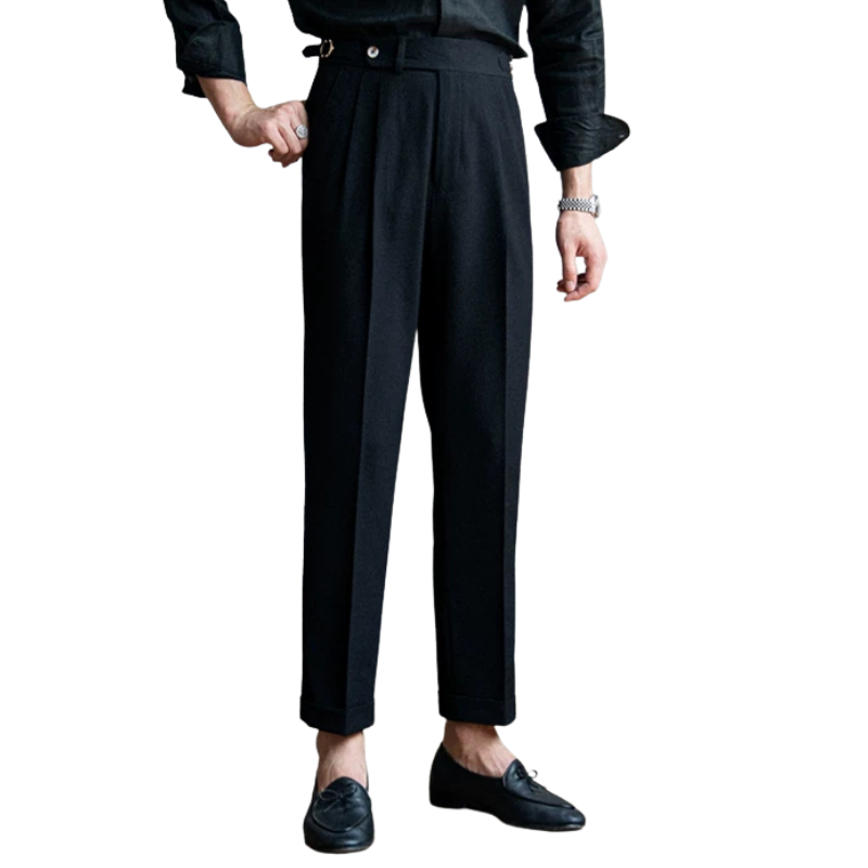 calça alfaiataria cintura alta, calça masculina texturizada, calça social prega dupla, calça alfaiataria masculina, calça barra dobrada masculina, calça sem passante cinto, calça masculina formal, calça Maximus, moda masculina alfaiataria