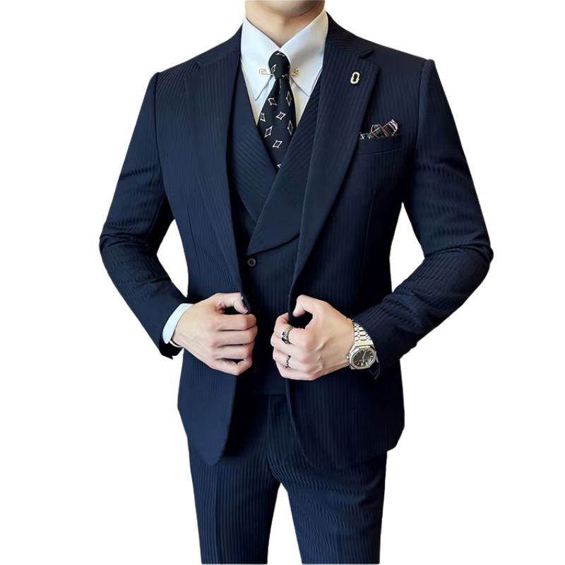 terno slim fit masculino, terno listrado masculino, terno com colete transpassado, conjunto 3 peças masculino, terno executivo masculino