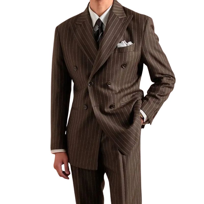 costume masculino marrom, costume transpassado inglês, terno risca de giz marrom, alfaiataria masculina premium, costume social elegante
