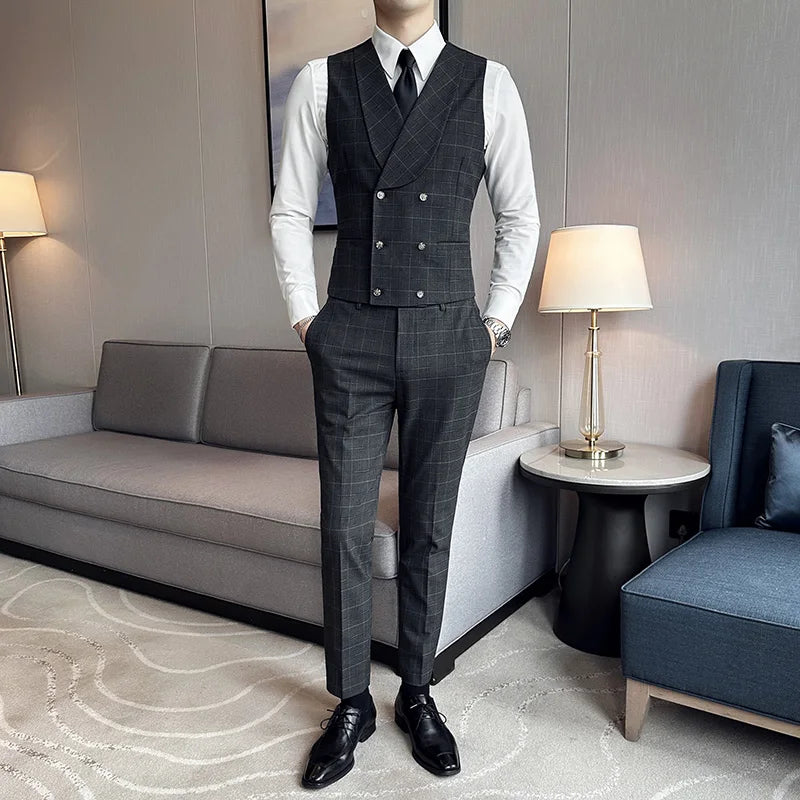 conjunto social masculino, conjunto colete e calça masculino, colete transpassado masculino, colete shawl masculino, terno com colete, colete com camisa social, conjunto social xadrez, calça alfaiataria slim, traje esporte fino masculino, roupa social para casamento masculino