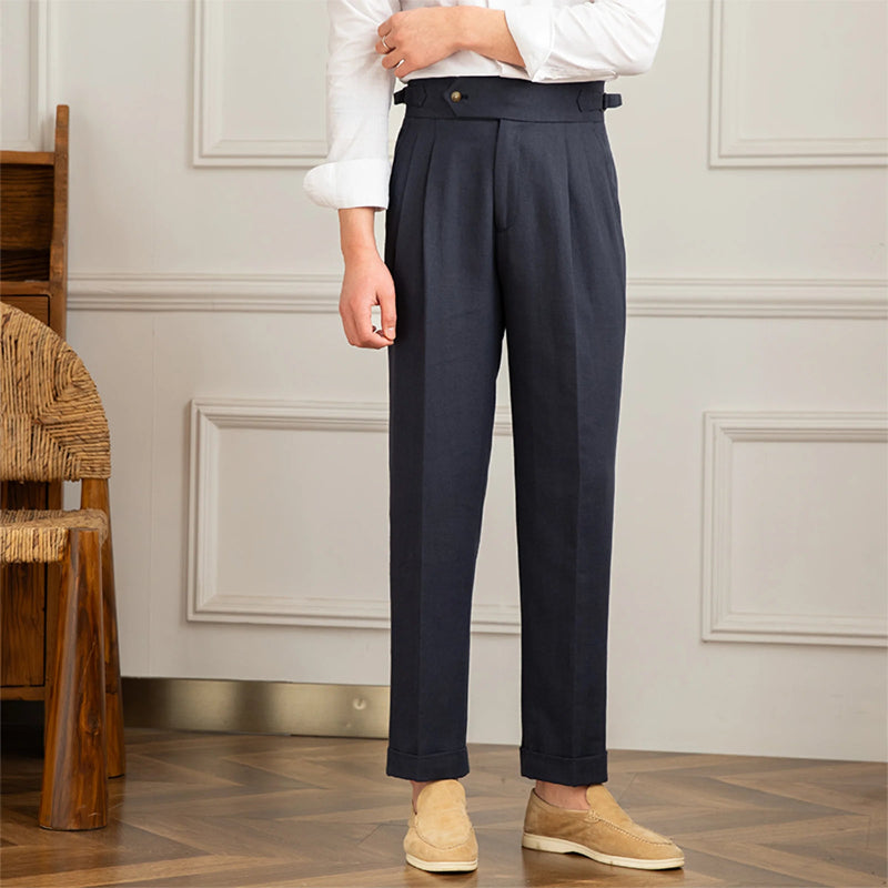calça algodão linho masculina, calça alfaiataria reta verde, calça cintura alta linho, calça turn up masculina, calça social masculina respirável, calça verão masculina, calça formal linho, Mr. Maximus, moda masculina alfaiataria