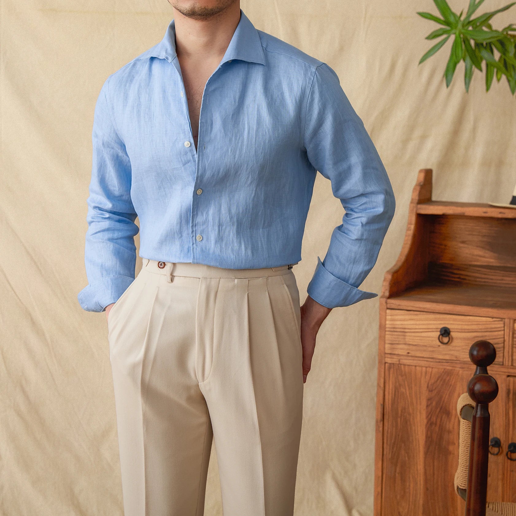 camisa social masculina de linho, camisa de linho slim fit, camisa social elegante masculina, camisa de linho azul masculina, camisa social slim masculina