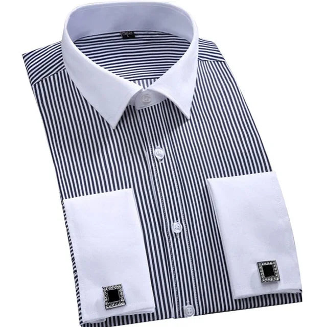 camisa social masculina listrada, camisa social punho duplo, camisa social masculina slim fit, camisa social azul e branca, camisa social com abotoadura