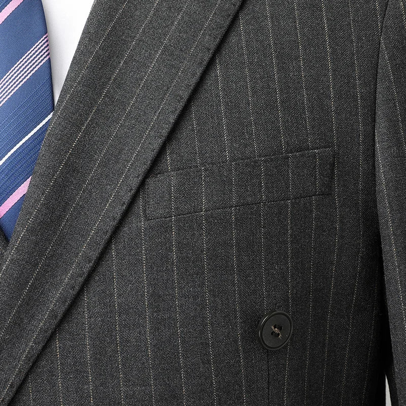 Terno Masculino Transpassado Risca de Giz Cinza Escuro, Terno Masculino Slim, Terno Masculino Transpassado