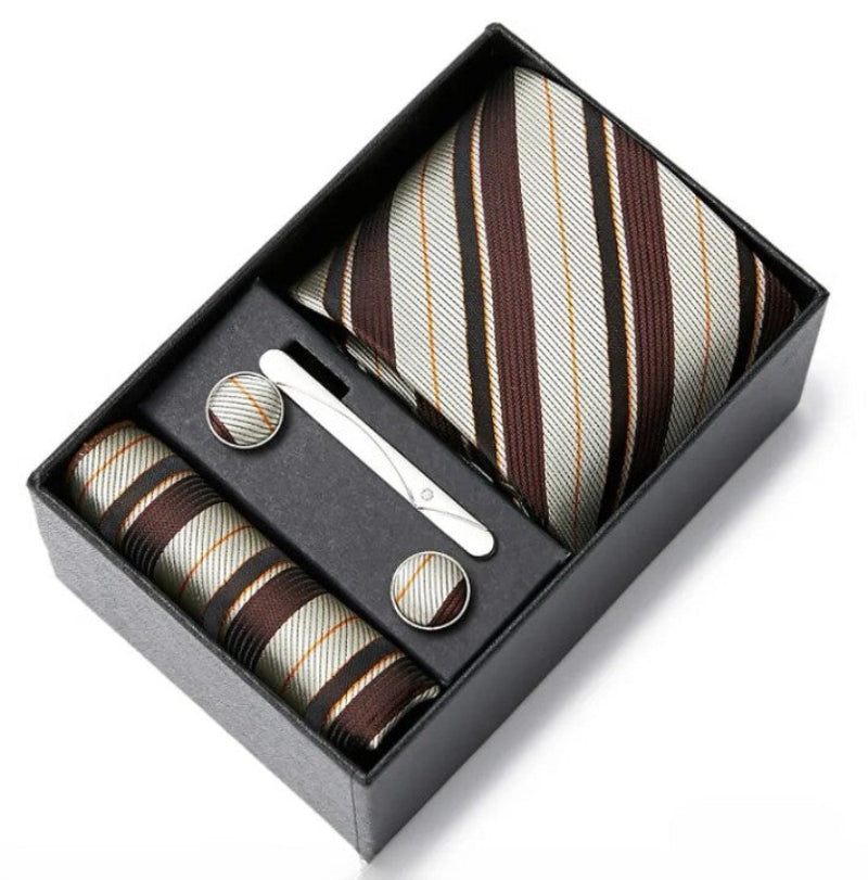 conjunto gravata listrada, gravata seda com clipe, kit gravata completo, gravata para presente, acessório masculino formal, gravata para terno, conjunto masculino formal, gravata para eventos sociais