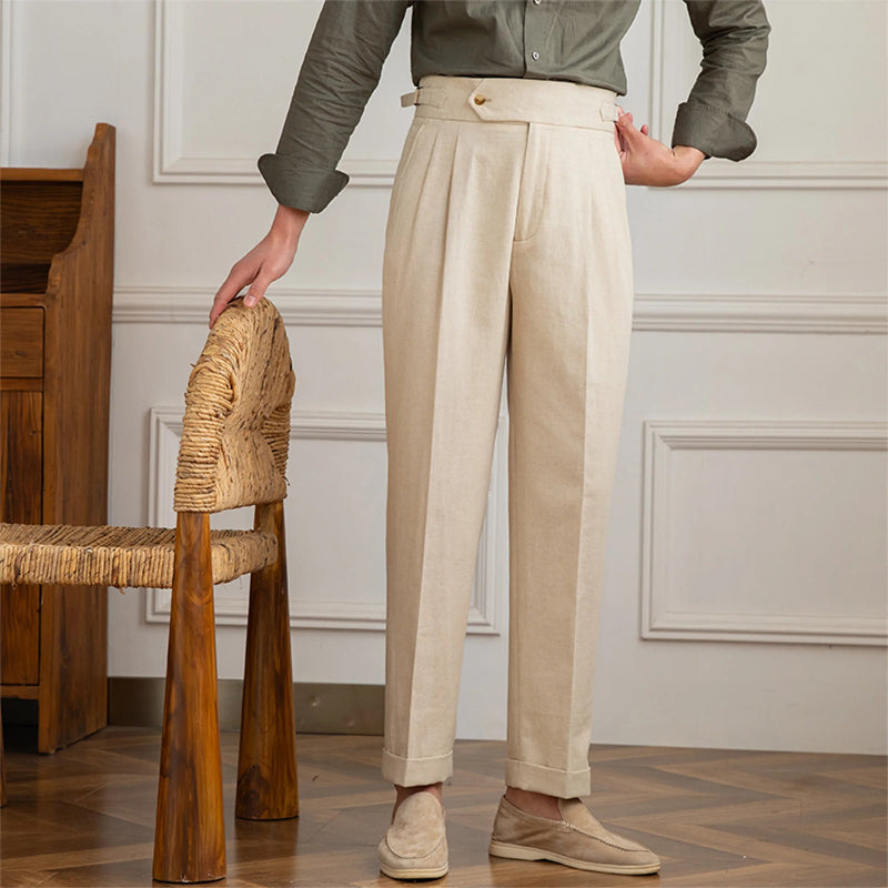 calça algodão linho masculina, calça alfaiataria reta verde, calça cintura alta linho, calça turn up masculina, calça social masculina respirável, calça verão masculina, calça formal linho, Mr. Maximus, moda masculina alfaiataria