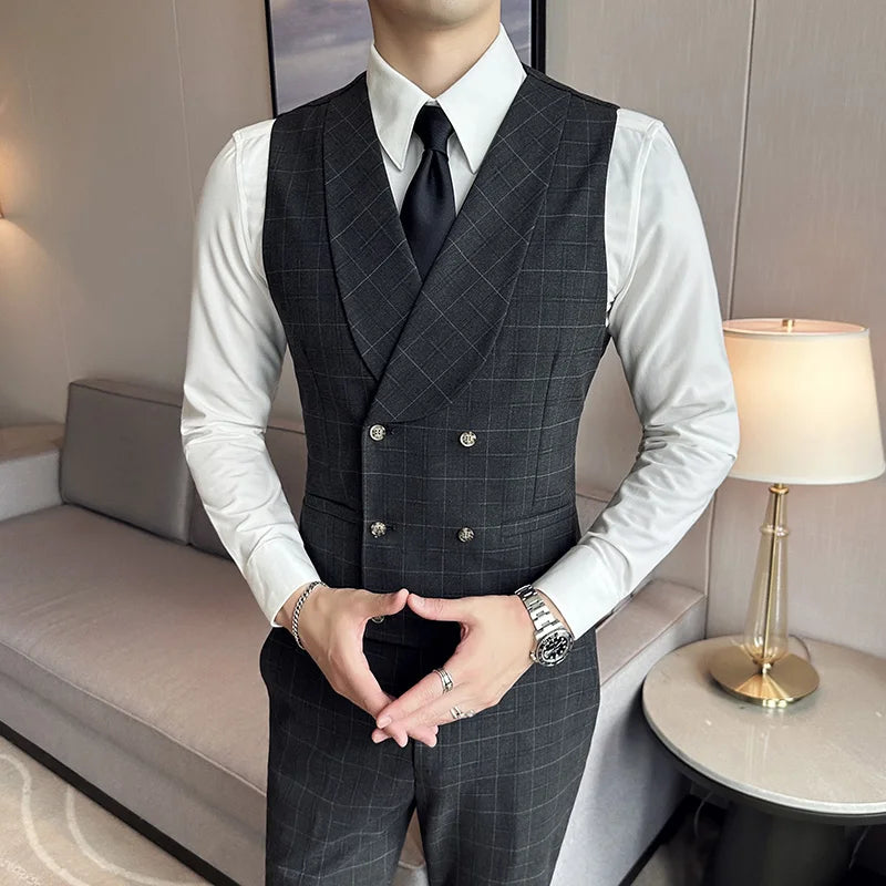 conjunto social masculino, conjunto colete e calça masculino, colete transpassado masculino, colete shawl masculino, terno com colete, colete com camisa social, conjunto social xadrez, calça alfaiataria slim, traje esporte fino masculino, roupa social para casamento masculino