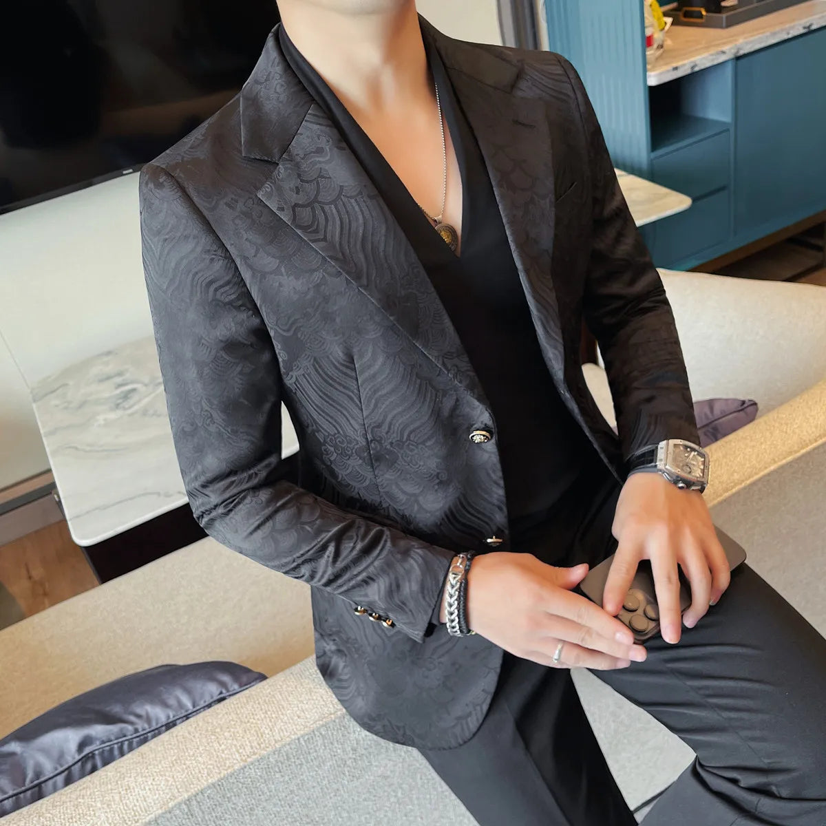 blazer masculino slim, blazer social masculino, blazer preto estampado, blazer de festa masculino, blazer elegante moderno