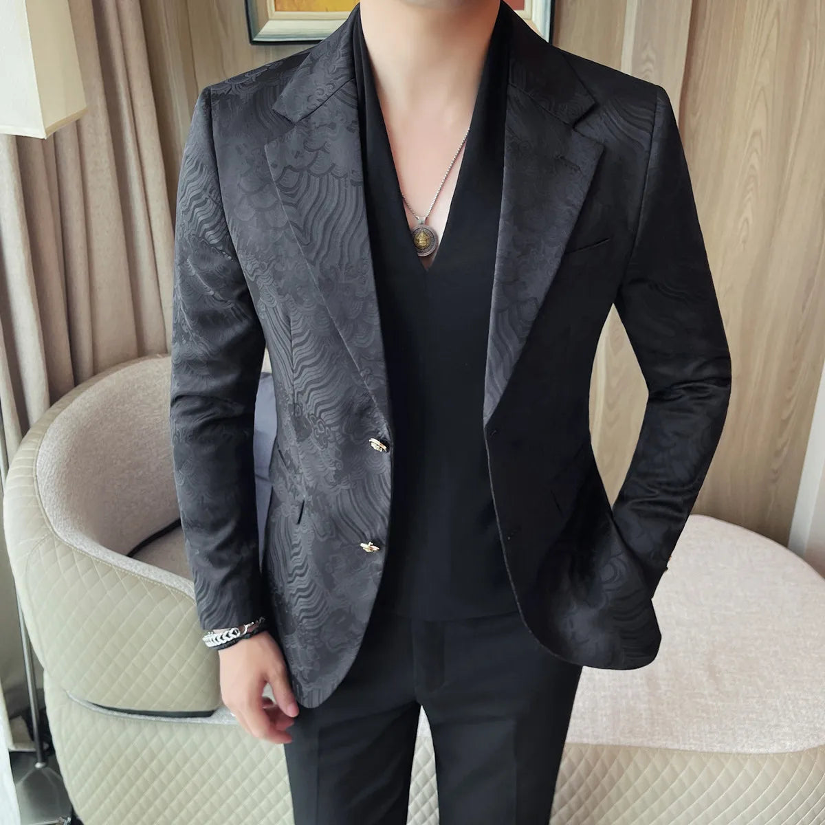 blazer masculino slim, blazer social masculino, blazer preto estampado, blazer de festa masculino, blazer elegante moderno