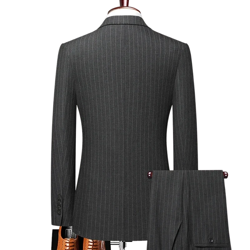 Terno Masculino Transpassado Risca de Giz Cinza Escuro, Terno Masculino Slim, Terno Masculino Transpassado