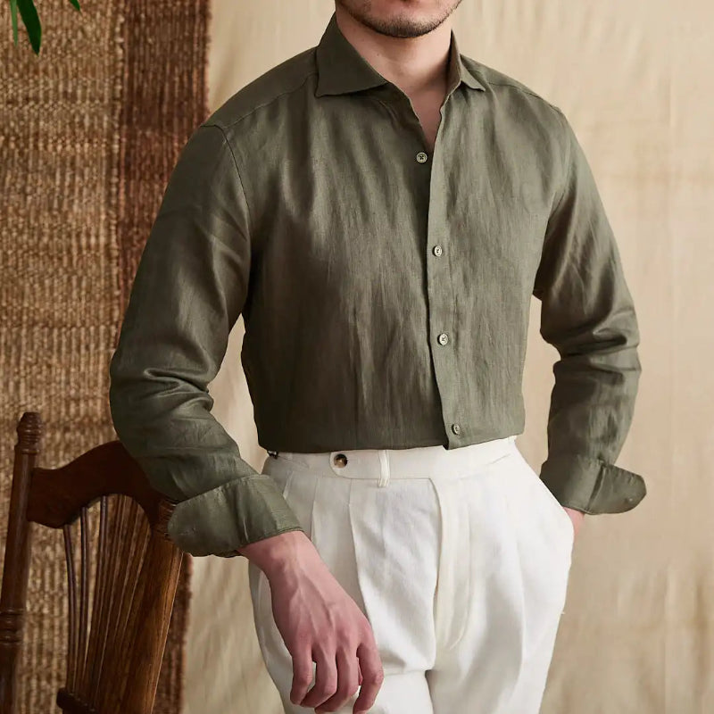 camisa linho masculina slim, camisa social linho puro, camisa slim fit linho, camisa branca linho masculina, camisa verde militar masculina, camisa social leve verão, camisa formal linho, Mr. Maximus, moda masculina linho