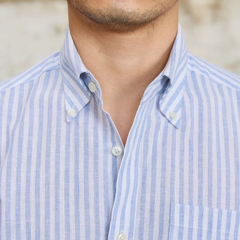 camisa social masculina listrada, camisa slim fit masculina, camisa social azul e branca, camisa listrada elegante masculina, camisa social slim masculina
