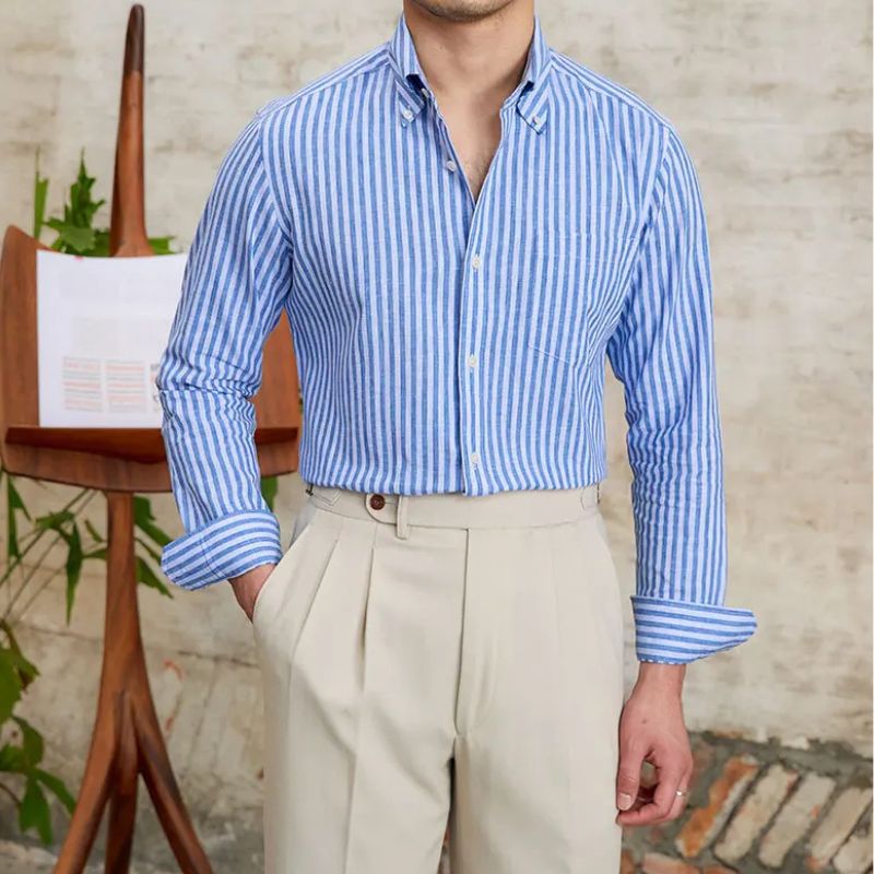 camisa social masculina listrada, camisa slim fit masculina, camisa social azul e branca, camisa listrada elegante masculina, camisa social slim masculina