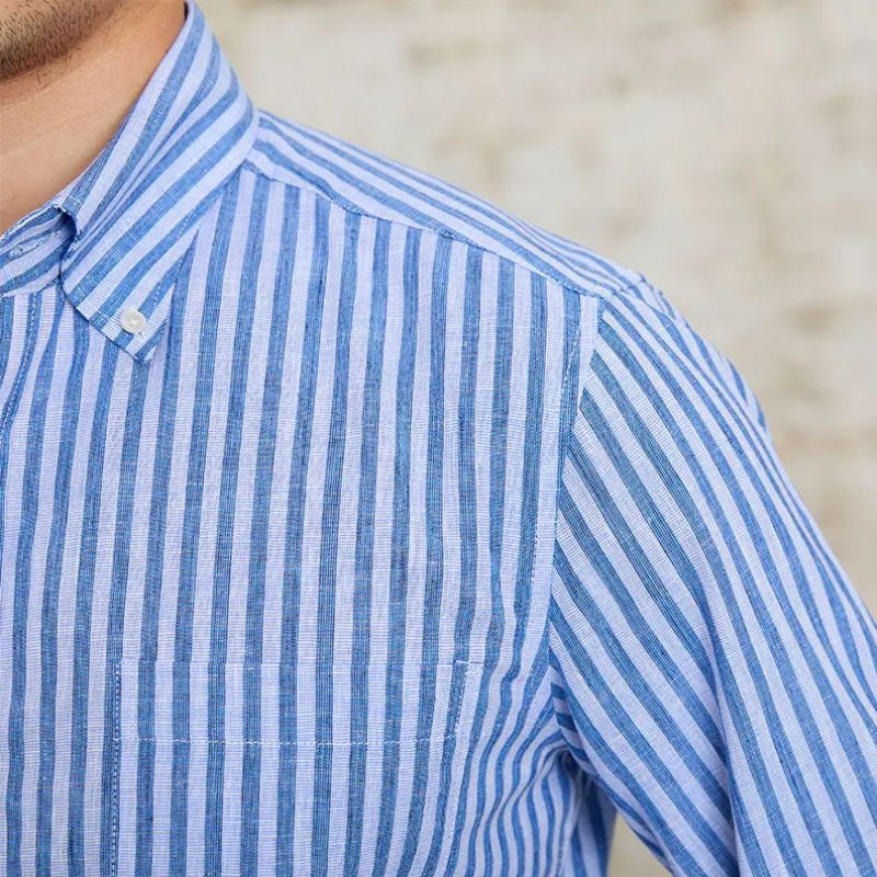camisa social masculina listrada, camisa slim fit masculina, camisa social azul e branca, camisa listrada elegante masculina, camisa social slim masculina