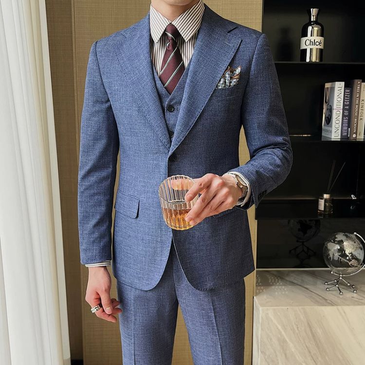 terno masculino slim fit texturizado, terno 3 peças masculino, terno masculino com colete, terno social masculino completo, terno masculino mescla
