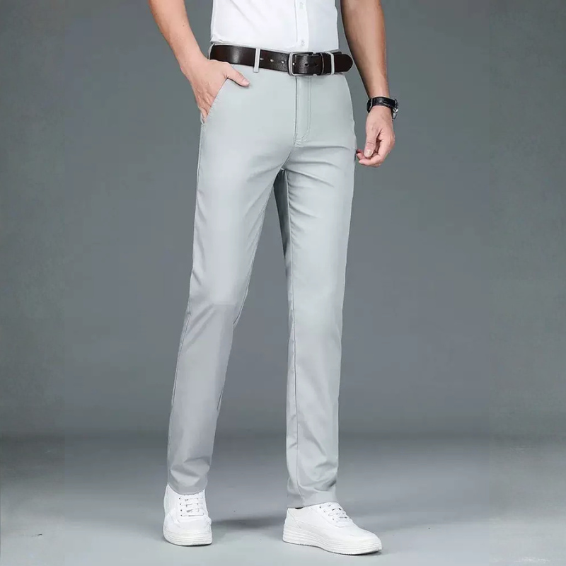 calça social masculina elástica, calça social reta confort, calça social azul marinho, calça social masculina stretch, calça social cinza gelo, calça social com elastano, calça masculina escritório confortável, calça social bege