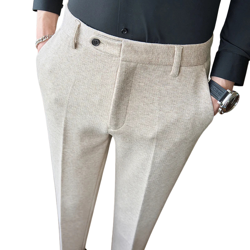 calça social masculina, calça alfaiataria slim, calça texturizada masculina, calça social slim fit, calça masculina para terno, calça social bege, calça social cinza escuro, calça alfaiataria tecido texturizado