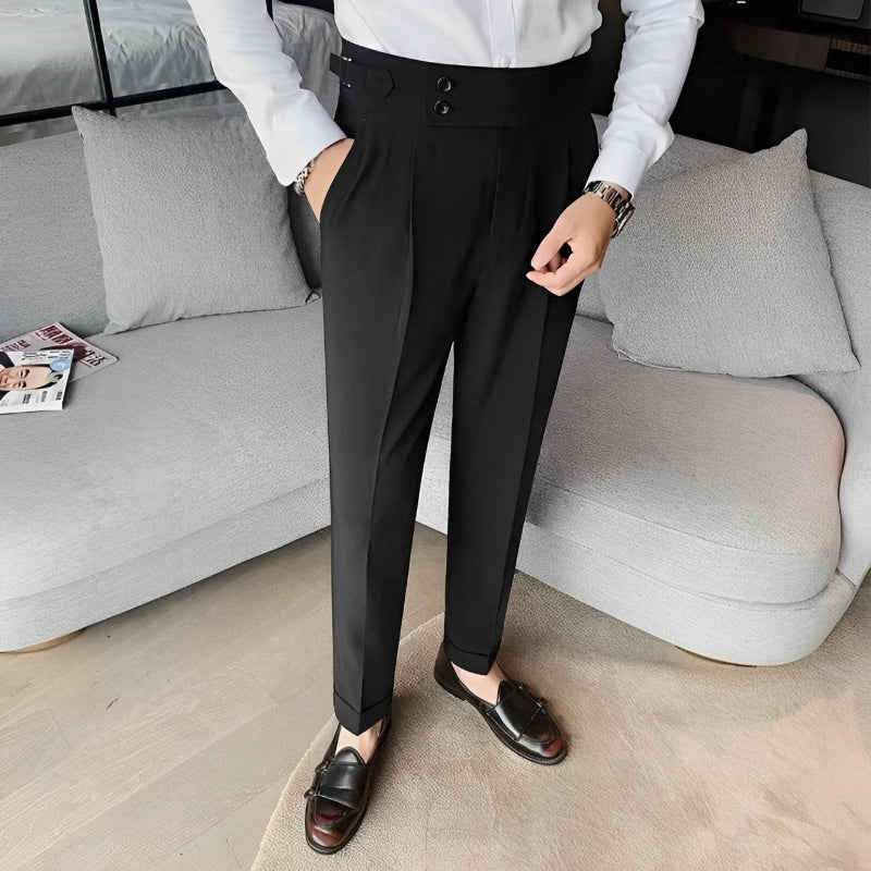 calça alfaiataria reta masculina, calça botão duplo masculina, calça cropped masculina, calça cintura alta reta, calça social masculina corte reto, calça café masculina, calça formal cropped, calça pala lateral, Mr. Maximus, moda masculina alfaiataria
