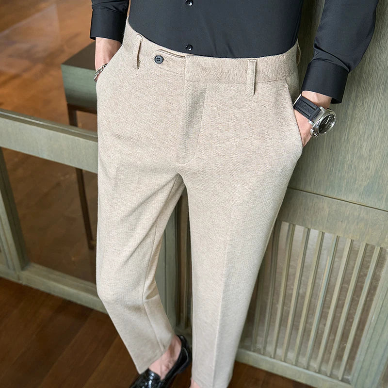 calça social masculina, calça alfaiataria slim, calça texturizada masculina, calça social slim fit, calça masculina para terno, calça social bege, calça social cinza escuro, calça alfaiataria tecido texturizado