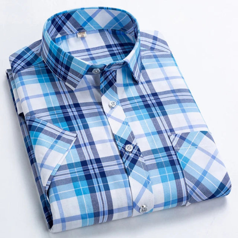 camisa xadrez escocês masculina, camisa manga curta masculina, camisa xadrez masculina, camisa social manga curta, camisa tartan masculina, camisa casual masculina, camisa azul xadrez, Mr. Maximus, moda masculina casual