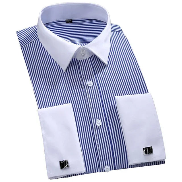 camisa social masculina listrada, camisa social punho duplo, camisa social masculina slim fit, camisa social azul e branca, camisa social com abotoadura