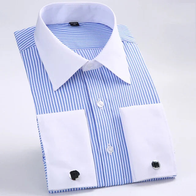 camisa social masculina listrada, camisa social punho duplo, camisa social masculina slim fit, camisa social azul e branca, camisa social com abotoadura