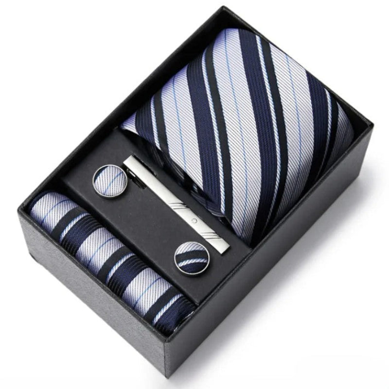conjunto gravata listrada, gravata seda com clipe, kit gravata completo, gravata para presente, acessório masculino formal, gravata para terno, conjunto masculino formal, gravata para eventos sociais