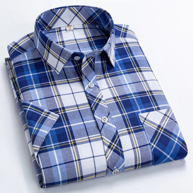 camisa xadrez escocês masculina, camisa manga curta masculina, camisa xadrez masculina, camisa social manga curta, camisa tartan masculina, camisa casual masculina, camisa azul xadrez, Mr. Maximus, moda masculina casual