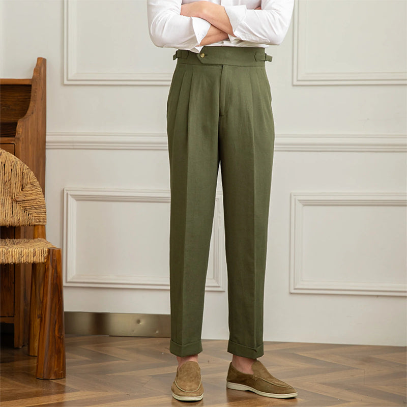 calça algodão linho masculina, calça alfaiataria reta verde, calça cintura alta linho, calça turn up masculina, calça social masculina respirável, calça verão masculina, calça formal linho, Mr. Maximus, moda masculina alfaiataria
