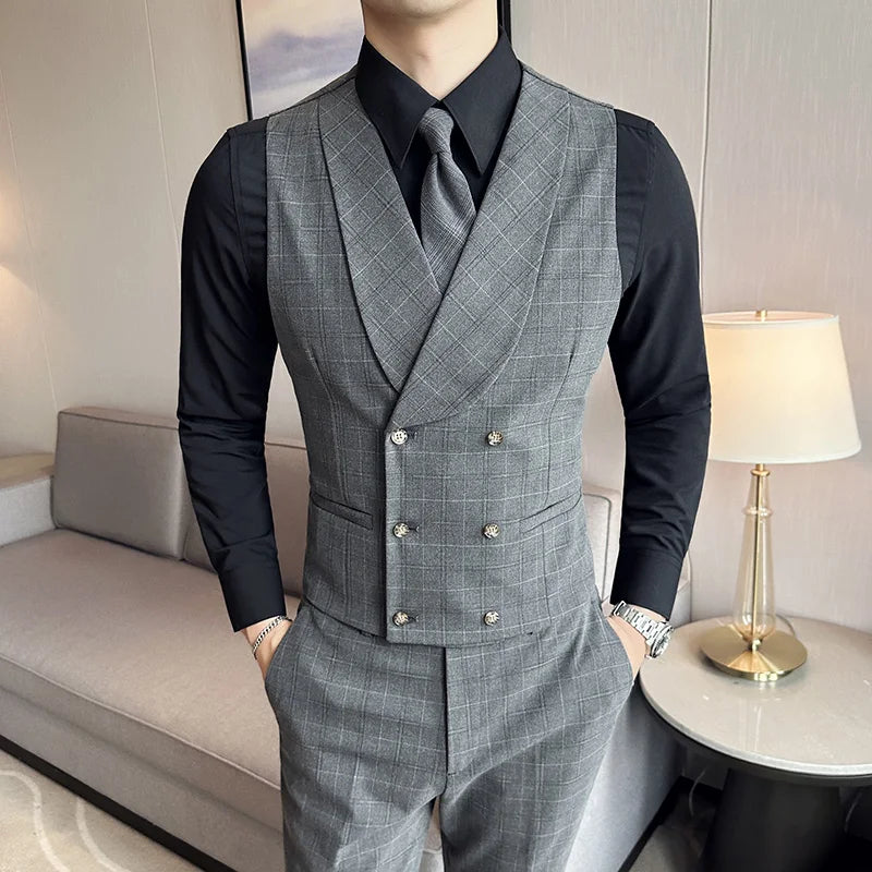 conjunto social masculino, conjunto colete e calça masculino, colete transpassado masculino, colete shawl masculino, terno com colete, colete com camisa social, conjunto social xadrez, calça alfaiataria slim, traje esporte fino masculino, roupa social para casamento masculino