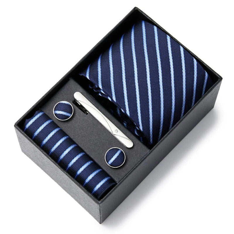 conjunto gravata listrada, gravata seda com clipe, kit gravata completo, gravata para presente, acessório masculino formal, gravata para terno, conjunto masculino formal, gravata para eventos sociais
