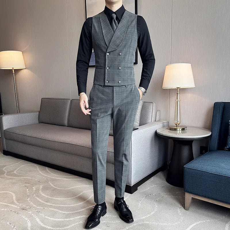conjunto social masculino, conjunto colete e calça masculino, colete transpassado masculino, colete shawl masculino, terno com colete, colete com camisa social, conjunto social xadrez, calça alfaiataria slim, traje esporte fino masculino, roupa social para casamento masculino