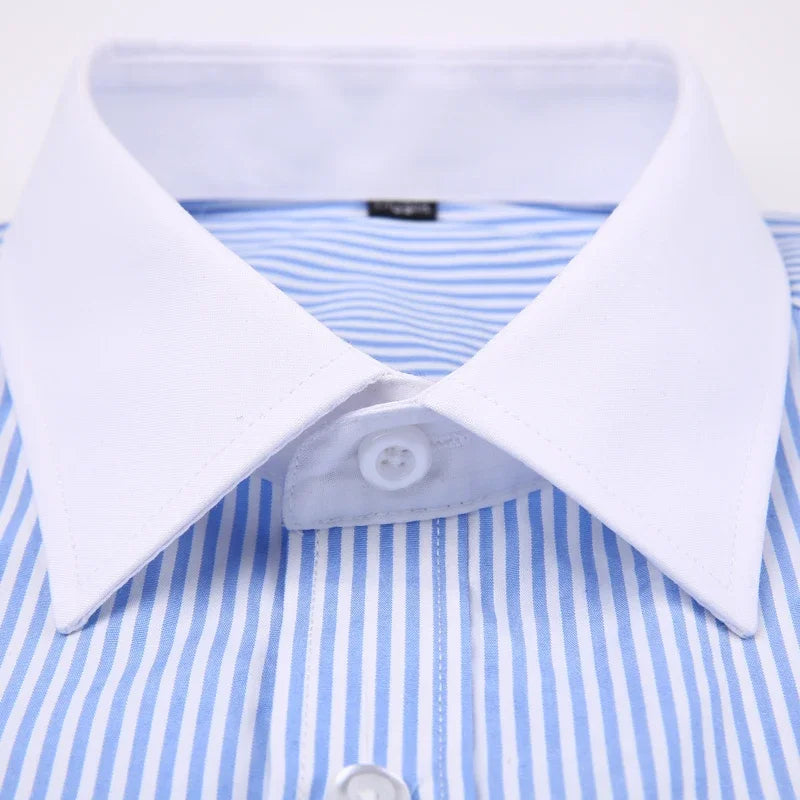 camisa social masculina listrada, camisa social punho duplo, camisa social masculina slim fit, camisa social azul e branca, camisa social com abotoadura