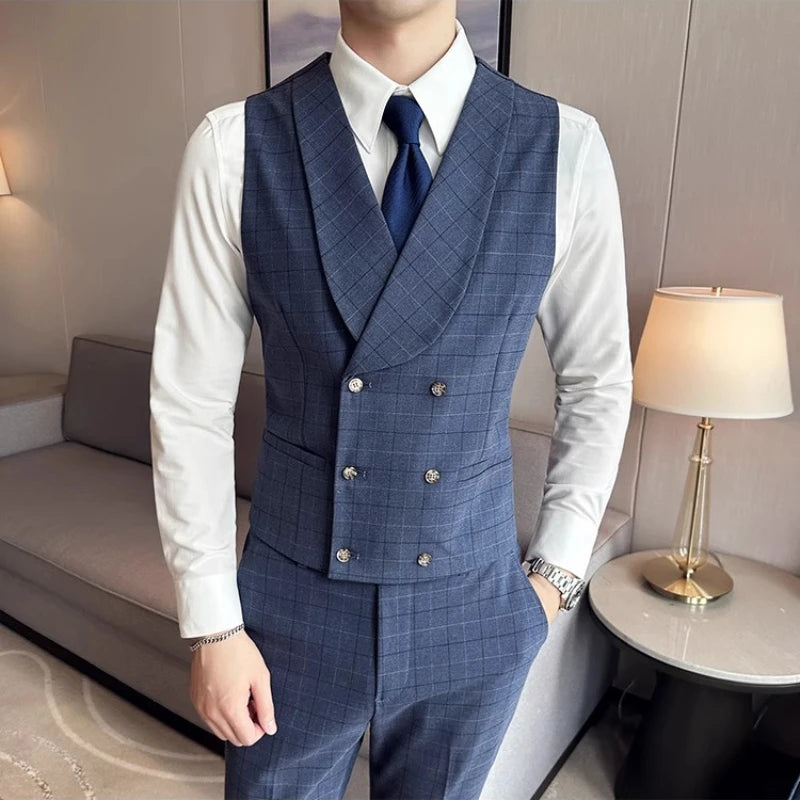 conjunto social masculino, conjunto colete e calça masculino, colete transpassado masculino, colete shawl masculino, terno com colete, colete com camisa social, conjunto social xadrez, calça alfaiataria slim, traje esporte fino masculino, roupa social para casamento masculino