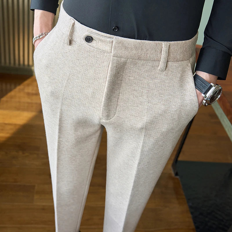 calça social masculina, calça alfaiataria slim, calça texturizada masculina, calça social slim fit, calça masculina para terno, calça social bege, calça social cinza escuro, calça alfaiataria tecido texturizado