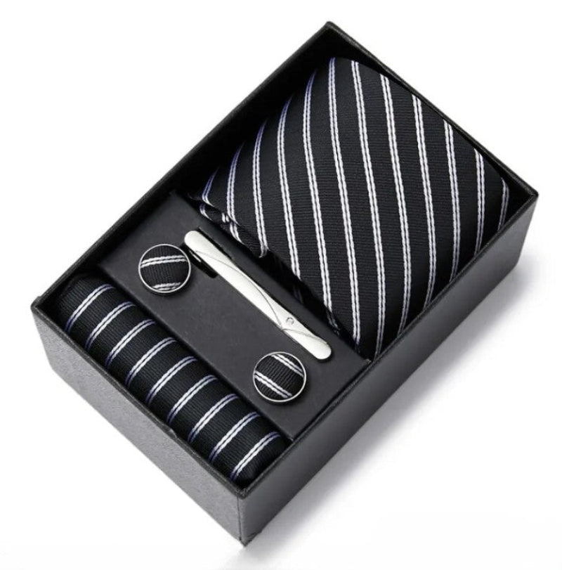 conjunto gravata listrada, gravata seda com clipe, kit gravata completo, gravata para presente, acessório masculino formal, gravata para terno, conjunto masculino formal, gravata para eventos sociais