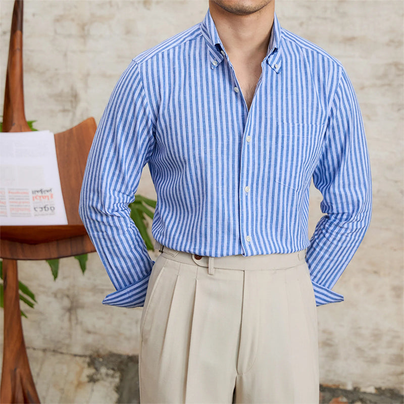 camisa listrada slim masculina, camisa algodão linho masculina, camisa social azul branca, camisa slim fit listrada, camisa button down masculina, camisa formal listrada, camisa linho verão masculina, Mr. Maximus, moda masculina social