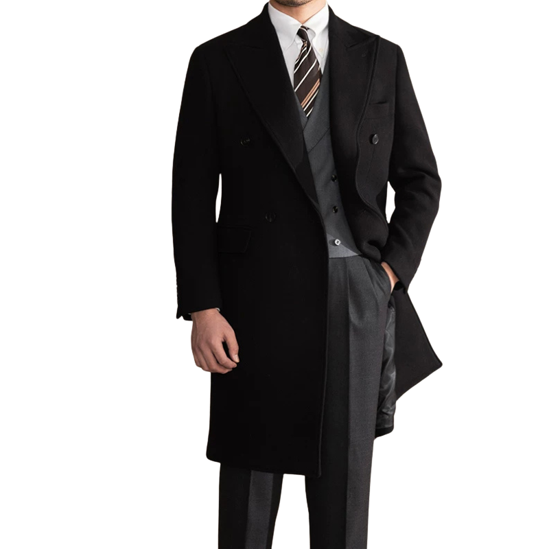 sobretudo masculino transpassado, sobretudo de lã preto, casaco longo masculino inverno, sobretudo lapela peak, sobretudo masculino botão duplo, casaco social masculino, sobretudo elegante inverno, sobretudo preto longo